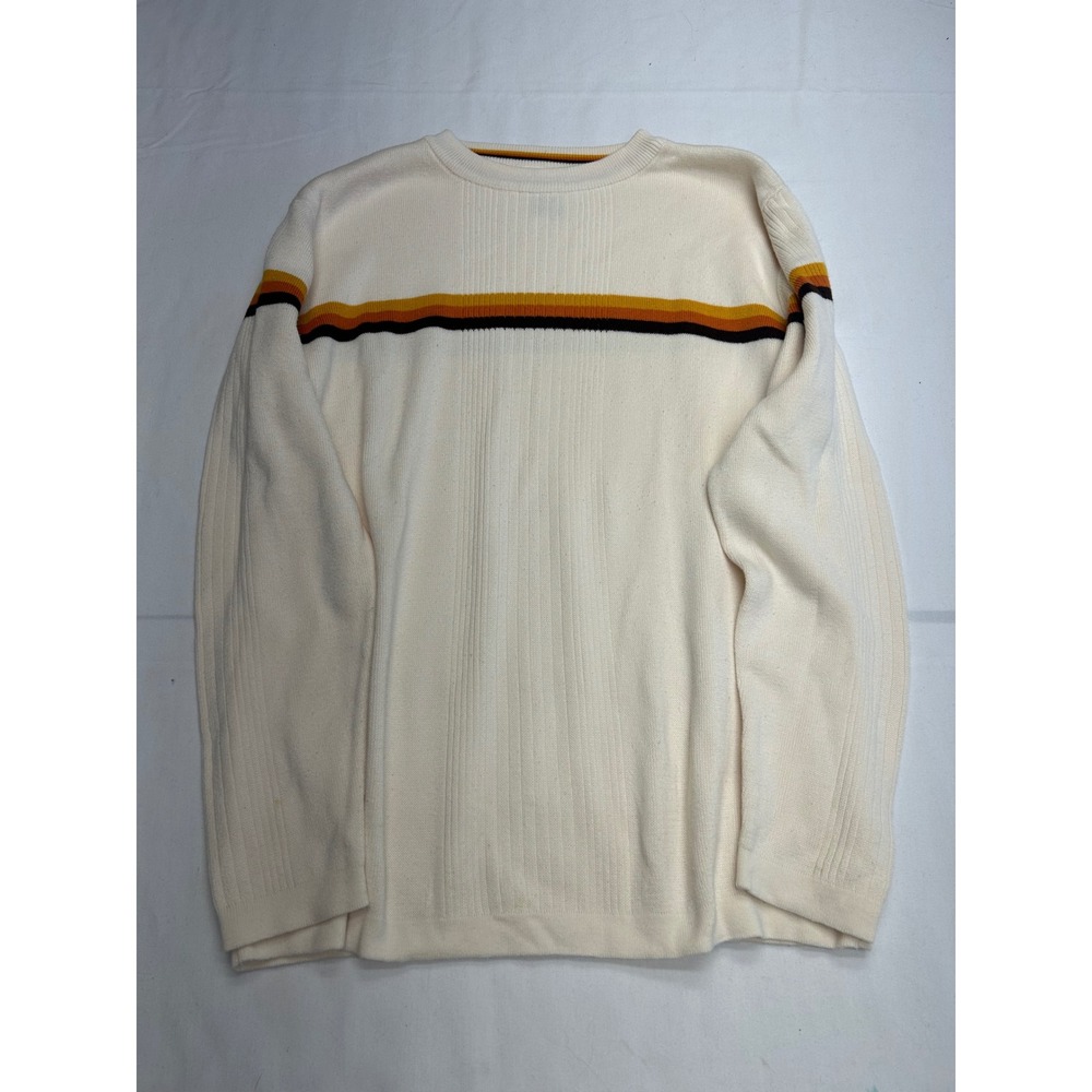 Arizona Sweater Mens Large Cream Good Vintage Striped Ribbed Knit Crew Neck